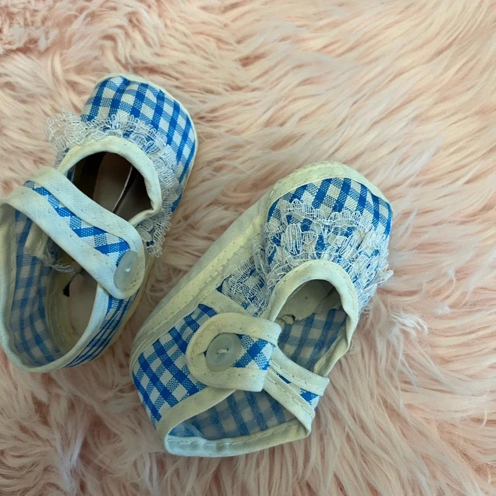 Vintage Baby Girl White‎ Blue Gingham Lace Trim Mary Jane Crib Shoes Infant Sz 1